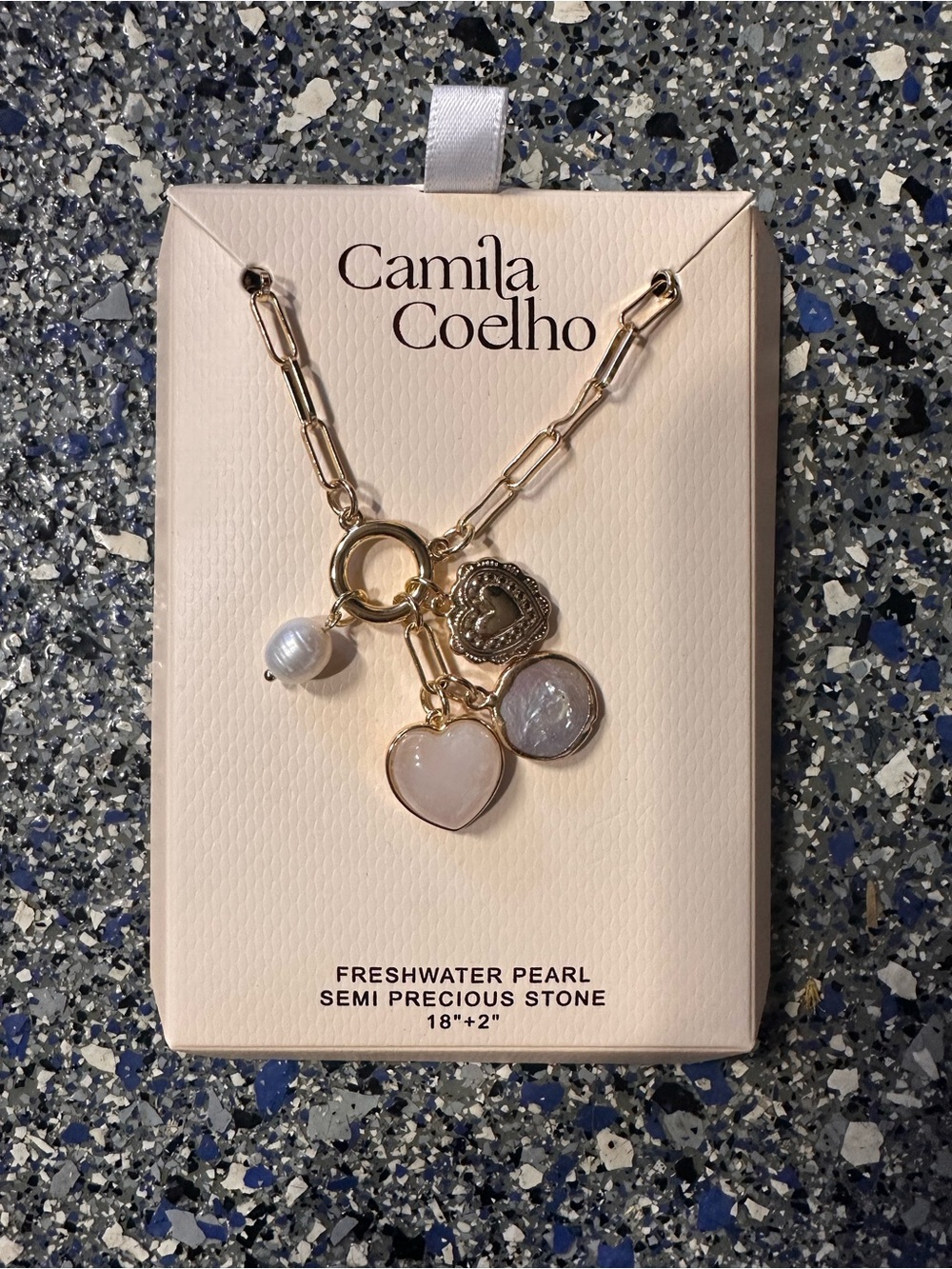 Camila Coelho Gold Link Necklace with Pearl, Heart & Stone Charms